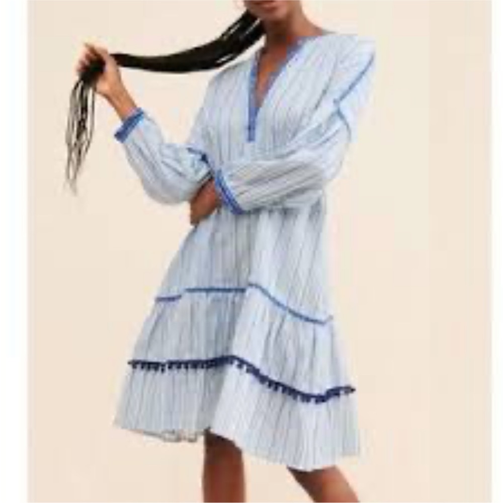 RAGA Delphina Striped Tunic Dress Pom Pom Blue White Size Medium